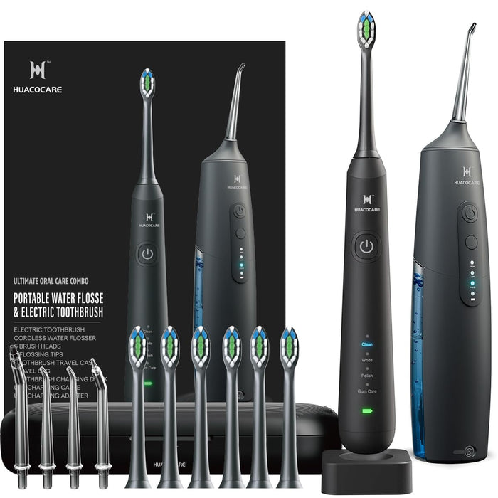HUACO CARE Complete PRO Dental Set - Cordless Water Flosser & Electric Toothbrush Combo - Brush & Floss - Whiter Teeth & Healthier Gums - Great for Braces