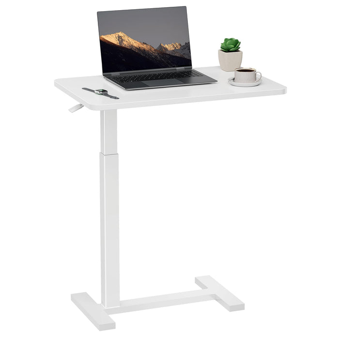 Simple Deluxe Overbed Bedside Table with Hidden Casters, Adjustable Pneumatic Mobile Laptop Computer Standing Desk, Rolling Laptop Table, Movable Overbed Table Hospital Home Use, White