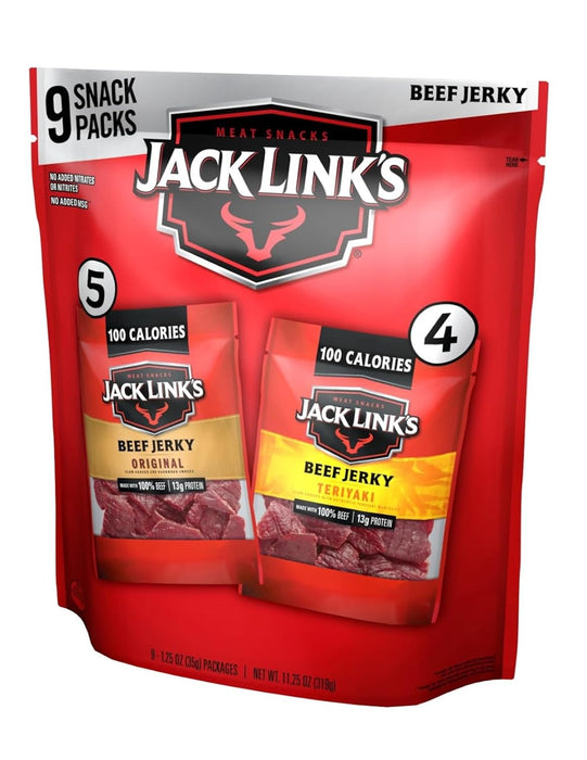 Jack Link's Beef Jerky Variety Pack – Includes Original and Teriyaki Jerky, Bulk Proetin Snack Pack, Good Source of Protein, Meat Snacks Made with 100% Beef, Individual Bags – 1.25 Oz (Pack of 9)