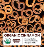 USDA Organic Ceylon Cinnamon (120 Tablets) 1000mg Cinnamon Quill Powder per Serving - Natural Cinnamon Supplements for Effective Metabolism, Cognative, Joint, Immune Support - (No Capsules or Pills)