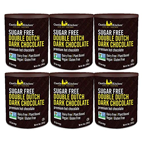 Castle Kitchen Sugar Free Double Dutch Premium Dark Hot Chocolate Mix (6 Pack, 48oz Total) - Vegan, Dairy Free, Plant Based - Keto and Diabetic Friendly - Mix with Milk Substitute