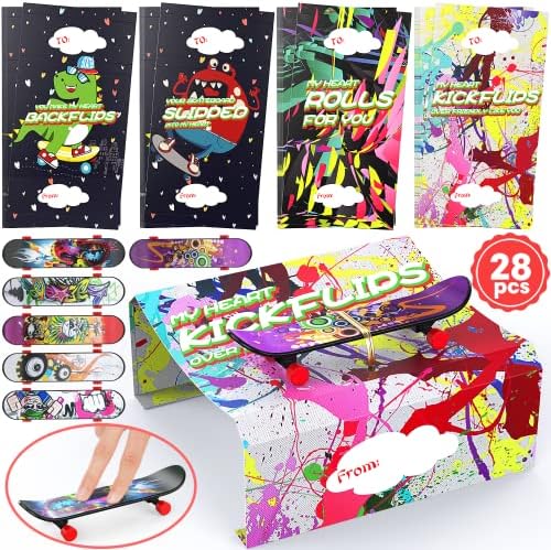 28 Pack Valentines Day Gifts for Kids - Mini Finger Skateboard with Valentine's Day Greeting Cards for Kids, Fingerboard Skate Lovers Classroom Valentine's Party Favor, Exchange Prizes Gift