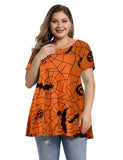 MONNURO Womens Halloween Shirts Short Sleeve Casual Loose Fit Flare Swing Plus Size Tunic Tops(Halloween Orange,1X)