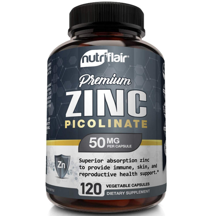 NutriFlair Zinc Picolinate 50mg, 120 Capsules - Maximum Absorption Zinc Supplement Pills - Immune System Booster, Immunity Defense, Powerful Non-GMO Antioxidant - Compare to gluconate, Citrate, Oxide