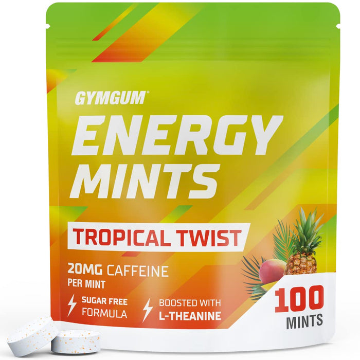 Energy Caffeine Mints | Caffeine + L-theanine + B Vitamins | Caffeinated Mints with 60mg Caffeine Per Serving | Delicious Sugar Free Energy Mints | (Tropical Twist, 100 Count) by Gymgum