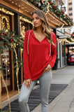 Christmas Sweaters for Women V Neck Long Sleeve Shirts Casual Tops Bright Red M