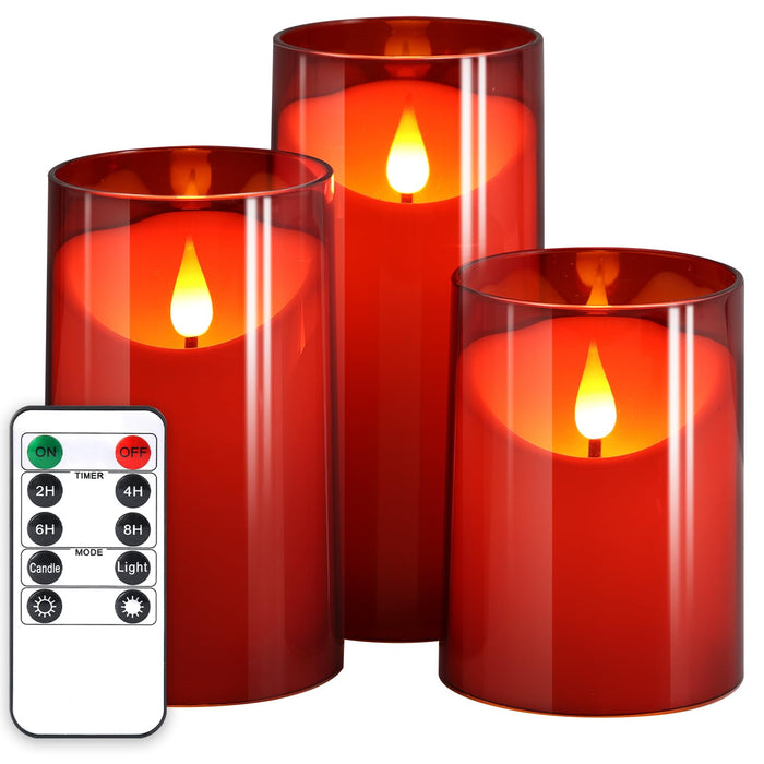 NURADA Flameless Candles with Remote Timer: 3D Wick Battery Operated Led Pillar Candle Fake Candles Set for Wedding Birthday Halloween Christmas Decorations - Red 3 Pack