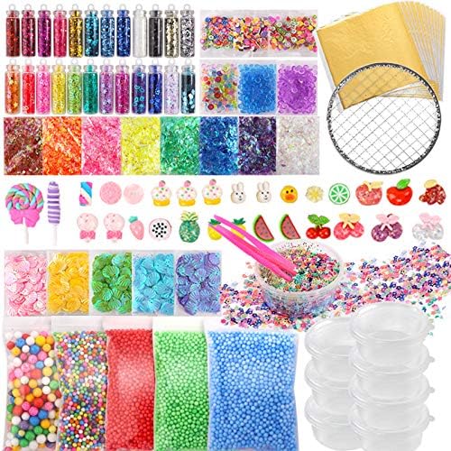 HOLICOLOR 110pcs Slime Making Kit, Add Ins, Accessories, Glitter, Foam Balls, Fishbowl Beads, Sequins, Shells, Candy Charms, Cups for Slime Party