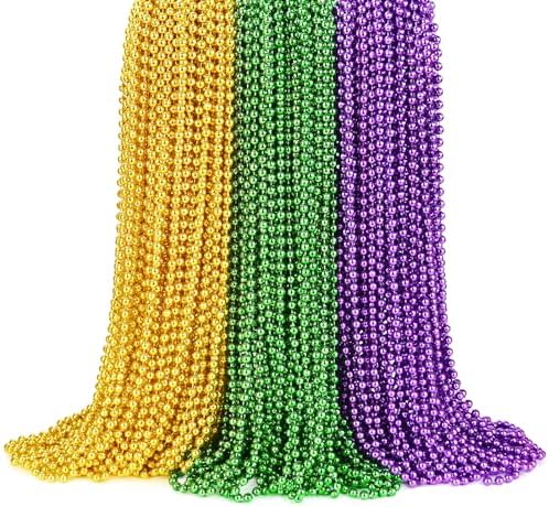 Mardi Gras Beads Bulk, 144 Pcs Mardi Gras Beads Necklaces 33'' 7 mm Metallic Gold Green Purple Bead Necklaces Mardi Gras Accessories Throw Beads in Bulk for Mardi Gras, Christmas, Party Favors