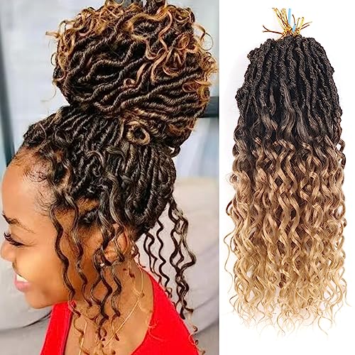 Faux Locs Crochet Hair 14 Inch Pre Looped Goddess Locs Crochet Hair 8 Packs Short Soft Faux Locs Crochet Hair Deep Wave Crochet Hair with Curly Ends Hair Extensions (14 Inch/Pack of 8, T27)