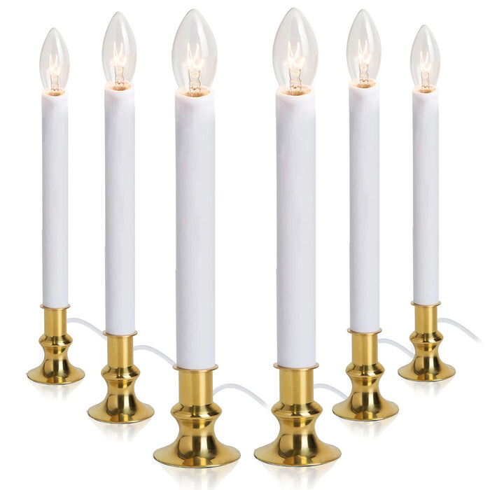 TUDAK Electric Christmas Window Candle Lamp - 6-Pack | Brass-Plated Base with LED Bulbs | Dusk-to-Dawn Auto Sensor | Turns On in Dark, Off in Light | Ready to Use!