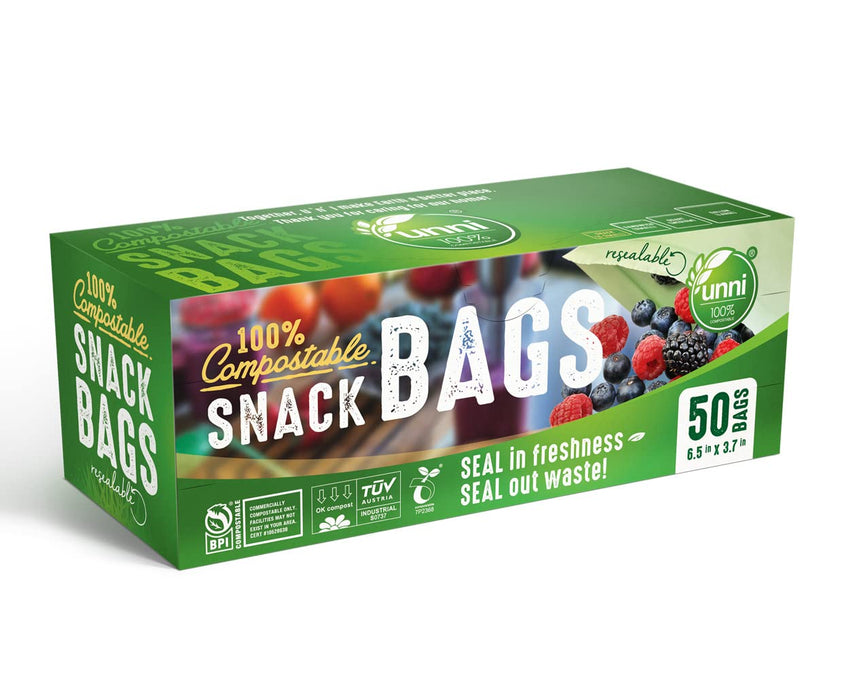 UNNI Compostable Snack Bags, Resealable Compostable Food Storage Bags, 200 Count, 6.5 x 3.7 inches, Earth Friendly Highest ASTM D6400, US BPI, CMA & Europe OK Compost Certified, San Francisco