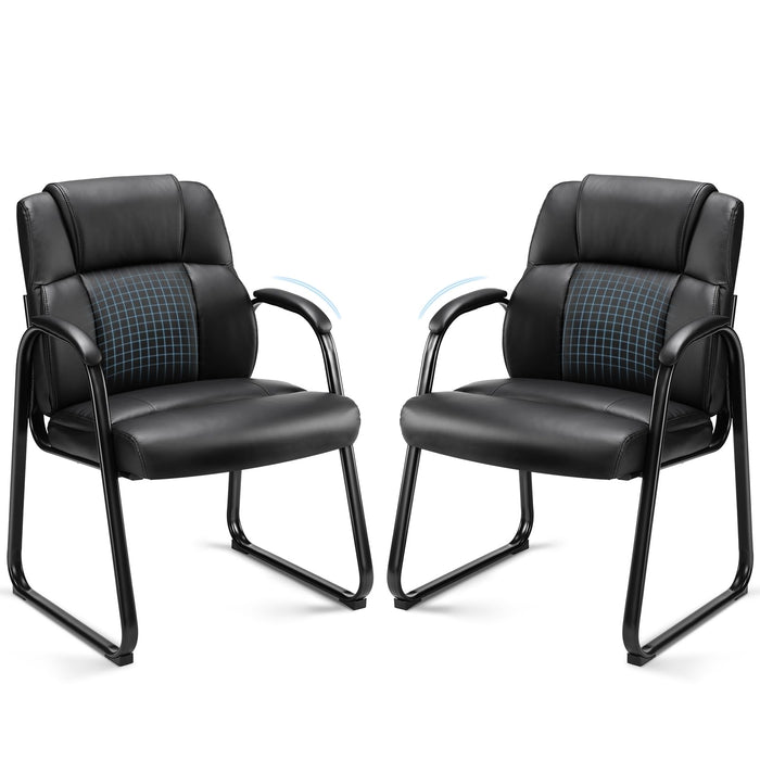 Sweetcrispy Waiting Room Guest Chair Set of 2, Leather Stationary Office Reception Chairs No Wheel, Comfy Padded Arms and Seld Base, for Conference Room Lobby Home Computer Desk Bedroom Elderly, Black