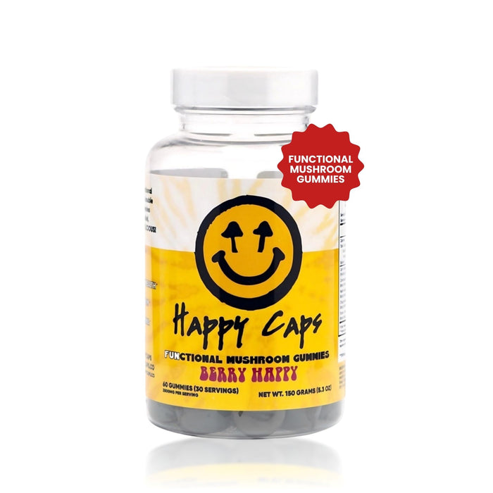 Happy Caps Functional Mushroom Gummies - Lions Mane, Cordyceps, Chaga, Reishi - Immune System Booster & Nootropic Brain Supplement - 60 Gummies (1)