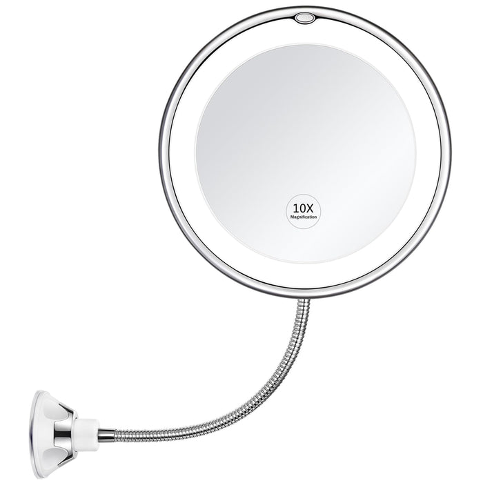 KEDSUM Flexible Gooseneck 6.8" 10X Magnifying LED Lighted Makeup Mirror, Bathroom Magnification Vanity Mirror with Suction Cup, 360 Degree Swivel, Daylight, Battery Operated, Cordless & Travel Mirror
