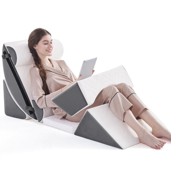 Negwoo 7PCS Orthopedic Bed Wedge Pillow Set for Sleeping, Post Surgery Foam Support Pillow for Back, Neck, Leg Pain Relief and Acid Reflux, Comfortable Adjustable Sitting Back Pillow Grey