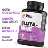 Crazy Muscle Keto Friendly L Glutamine Capsules 1000mg, Post Workout Supplement to Increase Recovery, Decrease Delayed Onset Muscle Soreness, Reinforce Strength Gains & Heal Leaky Gut (100 Pills)