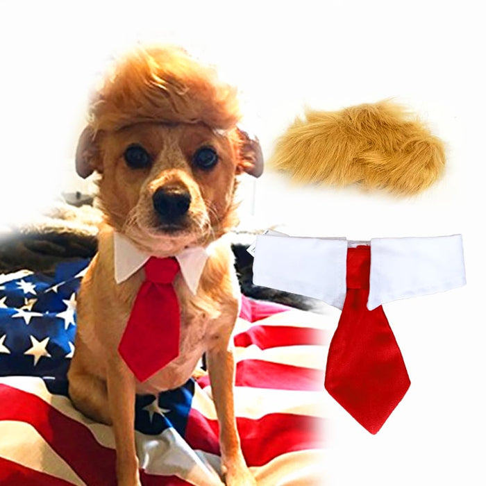 Trump Style Pet Costume Dog Wig, Dog Clothes with Collar & Tie Head Wear Apparel Toy for Halloween, Christmas, Parties, Festivals (Brown with Tie)