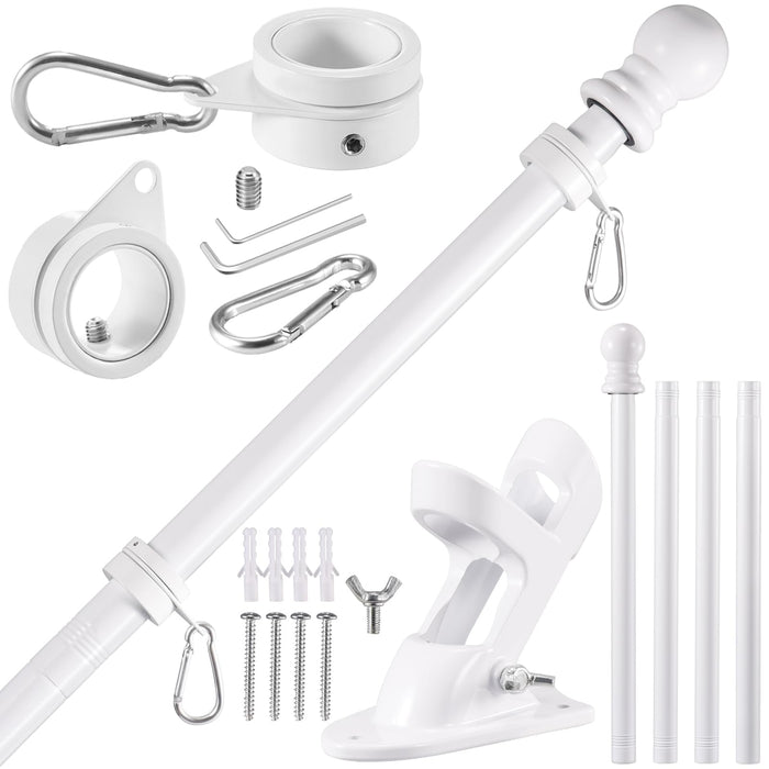BONWIN White Flag Pole Kit for House, 5FT Thickened Stainless Steel Outside Wall Mount Flagpole for 3x5' Flag, 1" Tangle Free Rotating Flag Pole Rings & 2-Position Bracket Holder for Porch Residential