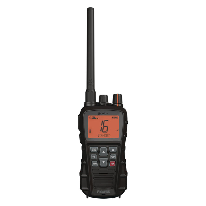 Cobra BlueBound 350 VHF Handheld Marine Radio – Black – 6-Watt, Floating, Long Range, NOAA Weather Alerts, International Functionality, IPX7 Waterproof, USB-C, Submersible, LCD Screen, Belt Clip