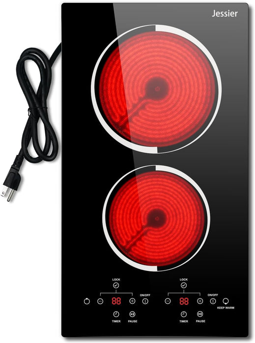 Jessier 2 Burner Electric Cooktop - 12 Inch Countertop & Built-in Electric Stove Top, 120V Plug in Electrical Cook Top, Timer, Safety Lock, Over-Temperature Protection, Sensor Touch Control