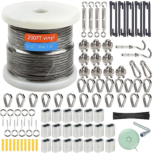 1/8" Wire Rope Kit，Steel Wire Cable，200FT Turnbuckles for Cables Wire，Vinyl Coated Stainless Steel Cable Wire for Outdoor,Garden,Kitchen,Craft with Turnbuckle
