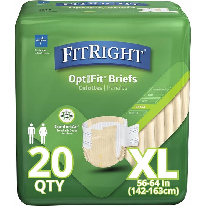 Medline FitRight OptiFit Extra+ Adult Diapers with leak stop guards, Disposable Incontinence Briefs with Tabs, Moderate Absorbency, X-Large, 56"-64", 20 count