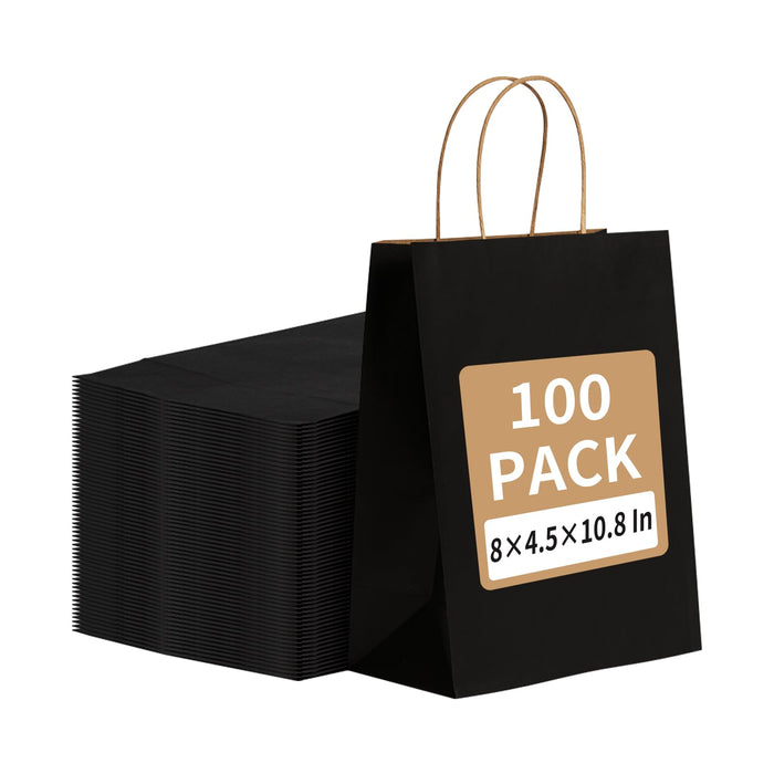 RACETOP 100 Pack Black Kraft Paper Bags 8x4.5x10.8 Inches Gift Bags with Handles Bulk, Paper Shopping Bags for Party, Wedding, Retail, Christmas, Birthday, Business, Restaurant, Takeout