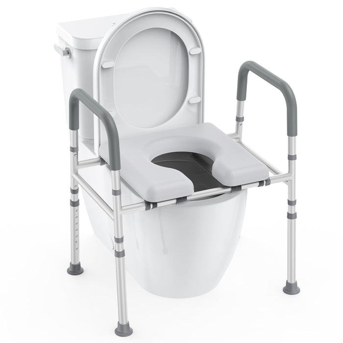 Raised Toilet Seat with Handles, Elongated toilet riser with Large soft seat plate, Heavy duty 400lb Adjustable besides commode with Safety Frame, handicap chair for elderly, senior, pregant