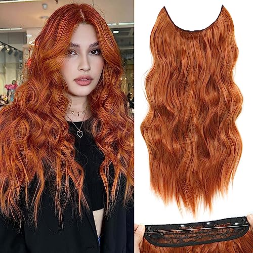 Halo Hair Extensions 20 Inch Invisible Wire Hair Extensions Adjustable Long Wavy Hair Extensions Synthetic Upgrade 4 Secure Clips in Hairpieces 20 Inch,Copper