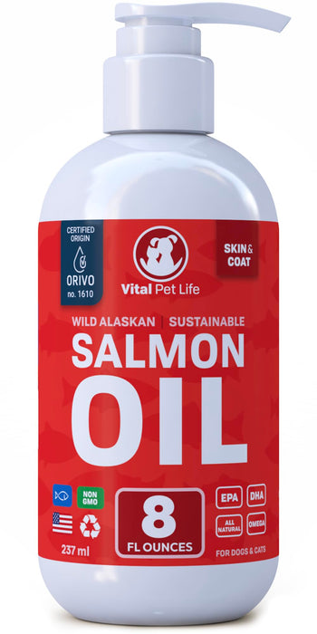 Salmon Oil for Dogs & Cats - Healthy Skin & Coat, Fish Oil, Omega 3 EPA DHA, Liquid Food Supplement for Pets, All Natural, Supports Joint & Bone Health, Natural Allergy & Inflammation Defense, 8 oz