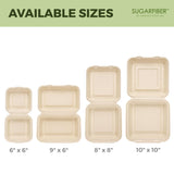 [200 COUNT]Sugarfiber by Harvest Pack 9 X 9" Compostable Clamshell Food Containers, 3 Compartment Clamshell Heavy-Duty Hinged Container, Disposable Bagasse Eco-Friendly Natural Takeout to go Box