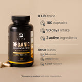 B Life Vegan Pure Organic Ashwagandha Powder KSM-66 Extract and Organic Black Pepper | 180 Caps - 90 Days | Stress Support, Mood Enhancer | Made in The USA.