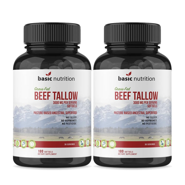 Basic Nutrition Pasture Raised Beef Tallow Softgels | 3000mg Serving | 100% Grass Fed, Grass Finished Ancestral Superfood | No Hormones, No Fillers, Non-GMO, Pesticide Free | Made in The USA