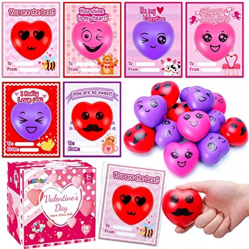 MGparty 18 Pack Valentines Heart Stress Balls with Valentine Cards Heart Squishies Toy for Kids Classroom Exchange Stress Relief Toys Classroom Prize and Party Favors