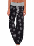 iChunhua Women Christmas Pajamas Elastic Waist Wide Leg Drawstring Palazzo Trousers Black Snowflake M