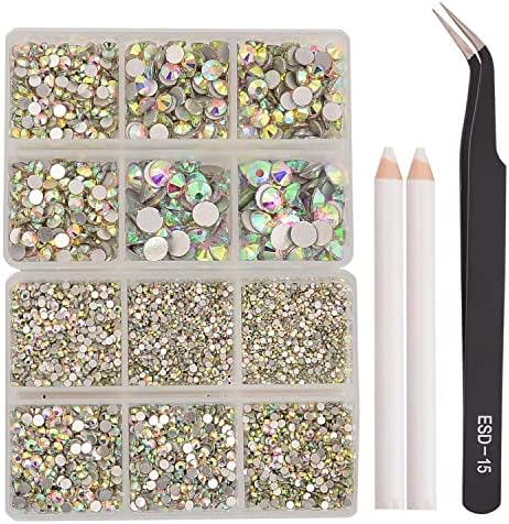 8000pcs Non Hotfix Rhinestones 10 Sizes Flatback Crystal Glass Rhinestones with Tweezers and Picking Pen for Nail Art Clothes Bags Phone Decorations Crafts DIY (001ab Crystal AB Mix SS3-SS30)