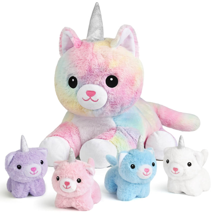 KMUYSL Plush Unicorn Kitty Toys for Girls Ages 3 4 5 6 7 8+ Year - Cat Mommy Stuffed Animal with 4 Baby Kitties in Her Tummy, Animal Stuffed Toys Set, Christmas Valentines Birthday Gifts for Girls