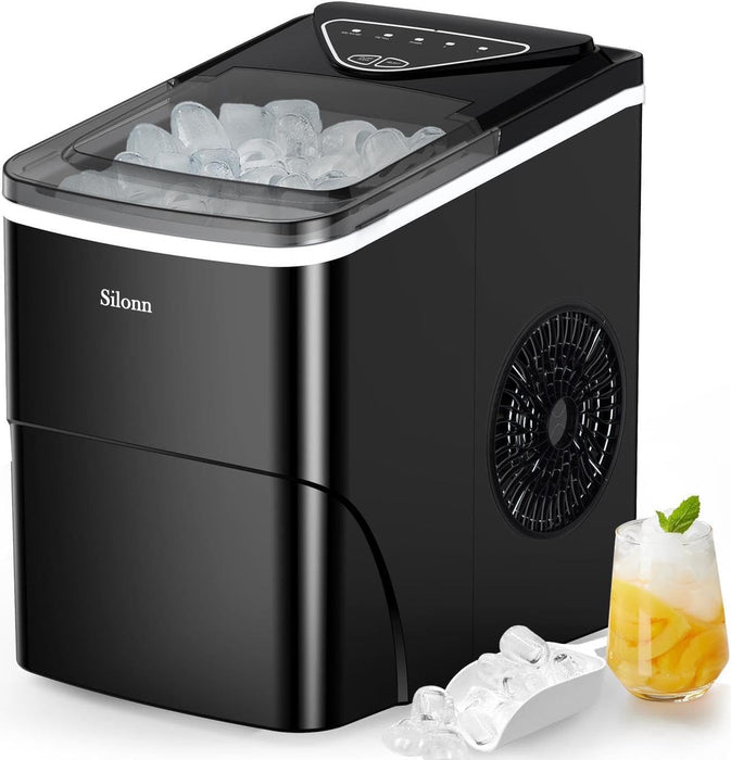 Silonn Portable Ice Maker Countertop, Self-Cleaning Ice Machine with Carry Handle, Includes Basket & Scoop, Produces 9 Ice Cubes in 6 Minutes, 12KG Daily Capacity, Ideal for Home Camping and RVs