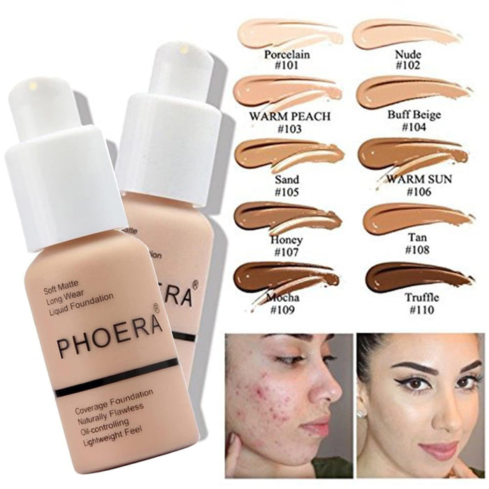 PHOERA® Full Coverage Foundation Soft Matte Oil Control Concealer 30ml Flawless Cream Smooth Long Lasting… (102 NUDE..)