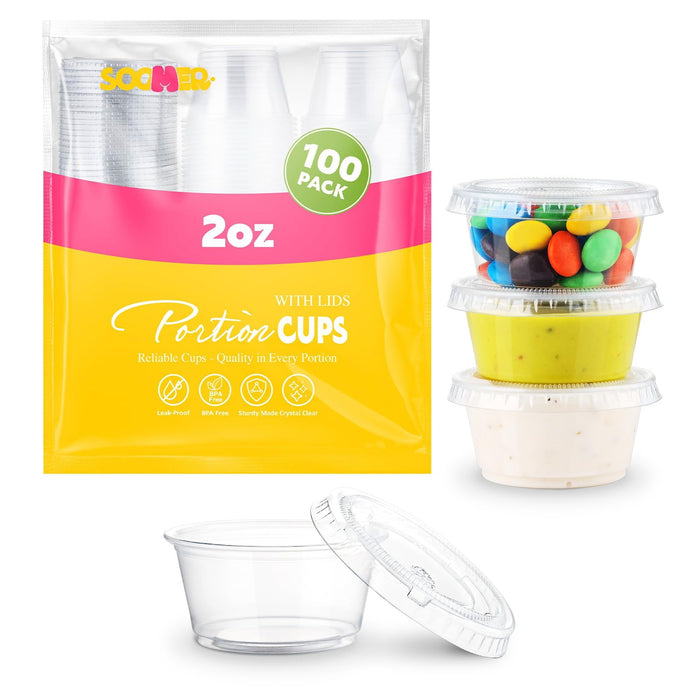 SOOMER Jello Shot Cups with Lids - [100 Sets - 2 oz] Small Plastic Condiment Containers with Lids - Ideal for Dipping Sauces, Picnics & Parties - Airtight, Stackable & BPA-Free