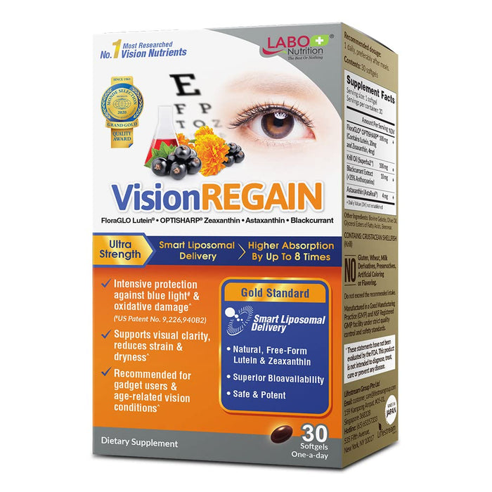 LABO Nutrition VisionREGAIN - Smart Liposomal Delivery, up to 8X Higher Absorption, 20mg FloraGLO Lutein, zeaxanthin, Superba Krill, AstaReal Astaxantin, Supports Vision Health, 30 softgels