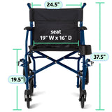 Medline Ultra Lightweight Transport Wheelchair for Adults, Foldable, 19-Inch Seat Width, Blue Frame, Black Upholstery