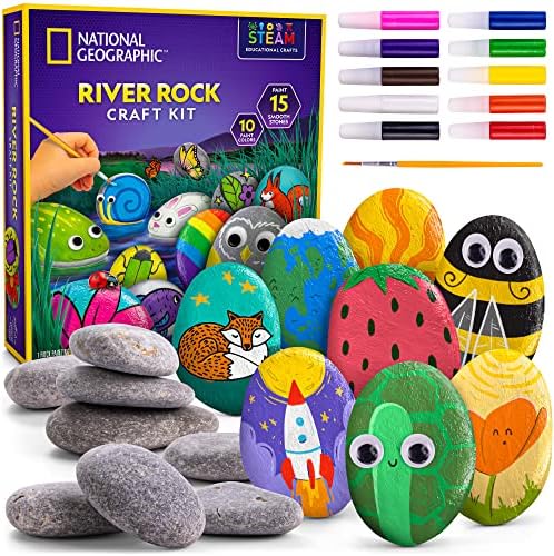 NATIONAL GEOGRAPHIC Rock Painting Kit - Arts and Crafts Kit for Kids, Paint & Decorate 15 River Rocks with 10 Paint Colors & More Art Supplies, Outdoor Toys for Girls and Boys, Easter Basket Stuffers
