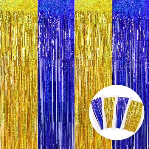 BEISHIDA 4 Pcs Blue and Gold Party Streamers Fringe Foil Curtain Backdrop Tinsel Background Party Decoration for Door Wall Graduation Birthday Wedding Anniversary Party Decoration(3.28 Ft x 8.2 Ft)