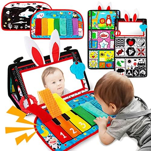 Tummy Time/Baby Mirror Toys, Black and White High Contrast Tabletop Mount Baby Newborn Toys 0 3 6 Months Brain Development, Sensory Texture Piano Infant Toys 0 3 6 Months with Squeaker