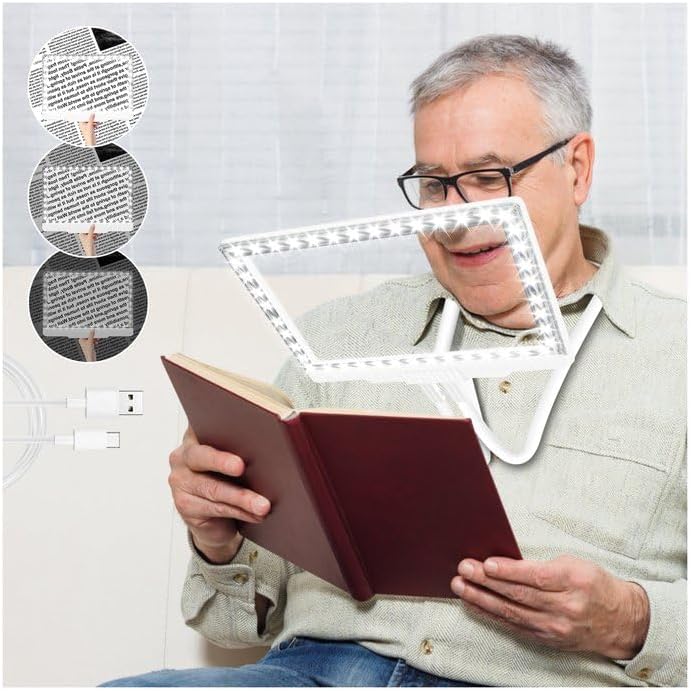 5X Hands Free Magnifying Glass with Light and Stand 43 Ultra-Bright LEDs, Page Magnifier for Reading, Neck Wear Large Magnifying Glass for Reading Small Prints Low Vision Elderly(White)