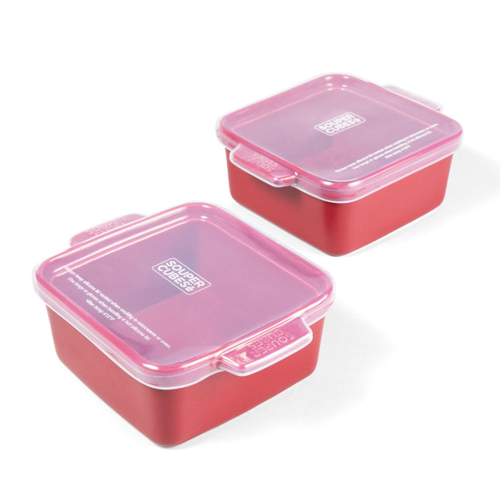 Souper Cubes Stoneware - 5" x 5" Baking Dishes for Oven with Silicone Covers, Premium Mini Ceramic Baking Dishes, Perfect for Reheating Individual Portions in Oven or Microwave, Set of 2 - Cranberry