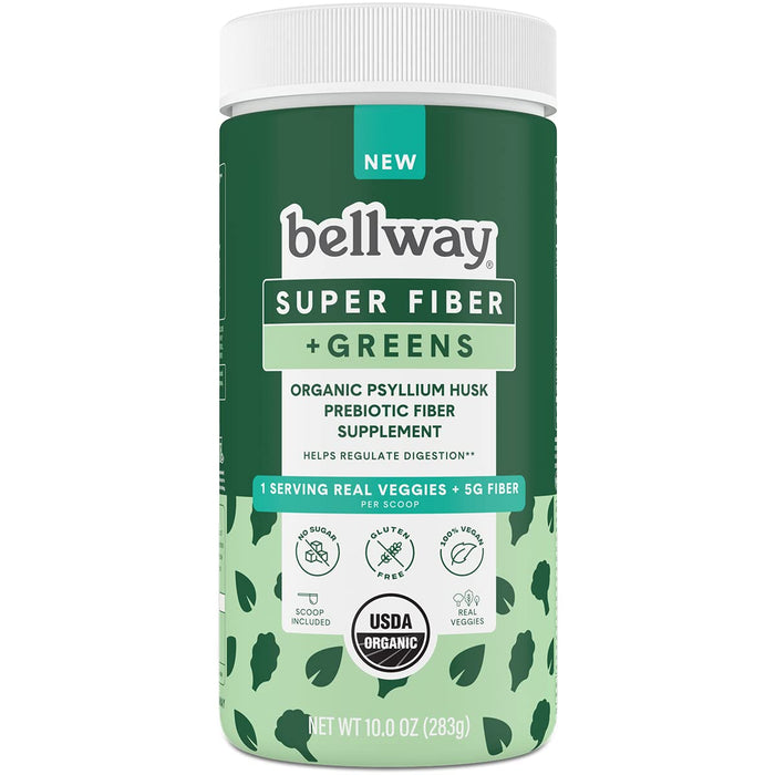 Bellway Super Fiber + Greens Powder, Sugar-Free Psyllium Husk Fiber Supplement Powder with Super Greens, 10.0 Oz