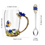 OEAGO Gifts for Mom Women Mothers Day Glass Coffee Enamels Mug Best Birthday Butterfly Rose Gifts for Her from Daughter Son Lead-Free Valentines Day Christmas Blue Tea Cup with Spoon Set